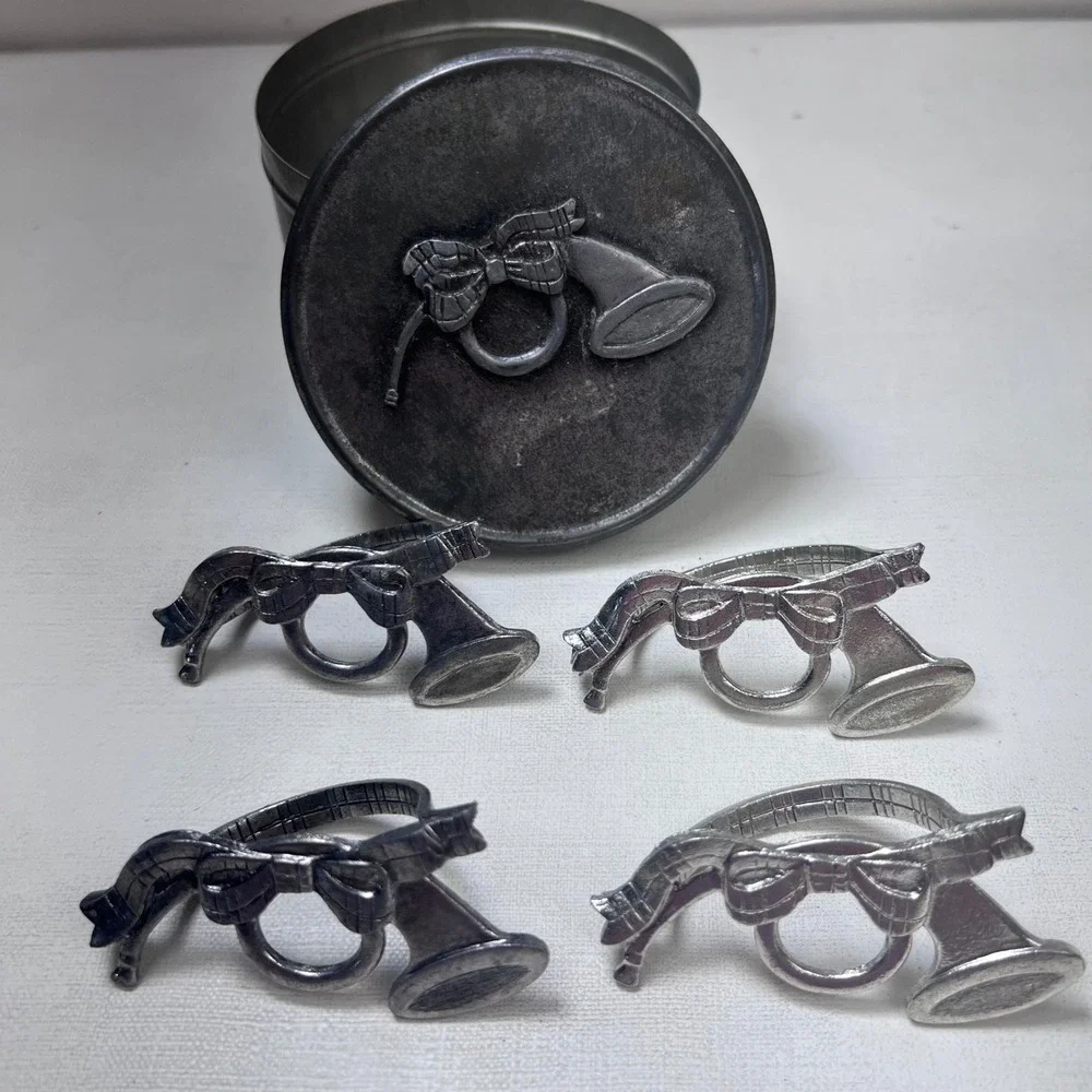 Vintage 1986 MET Pewter Napkin Rings Set of 4 French Horn Bow with Tin Silver